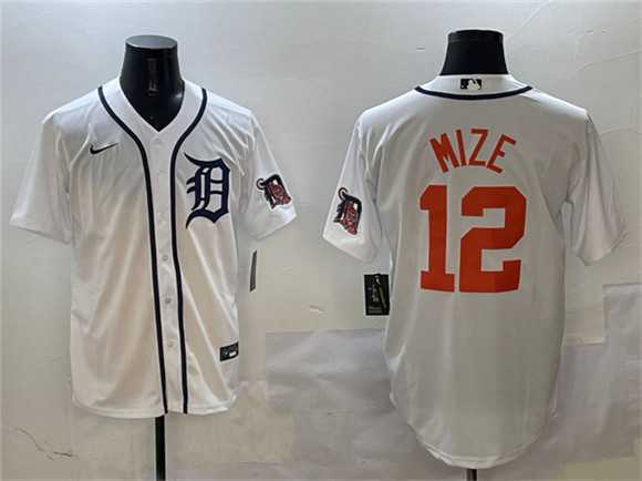 Mens Detroit Tigers #12 Casey Mize White With Patch Cool Base Stitched Jersey